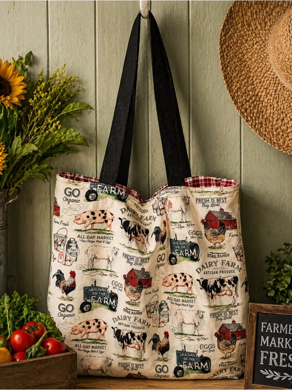 Farm-Print Tote Bag with Black Straps large